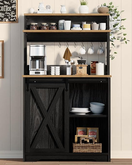 Farmhouse Coffee Bar with 3 Tier Storage Hutch, 56 Inch Small Bar Station with 6 Hooks, Corner Table with Adjustable Shelves for Living Dining Room (Black)