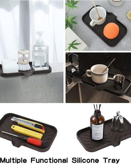 Silicone Bathroom Soap Dishes with Drain Spout-Bathroom and Kitchen Sink Organizer,Sponge Holder,Dish Soap Tray,Perfect for Dispenser,Scrubber,Bottle,Cup on Sink or Counter-Coffee 9.6"×5.3"