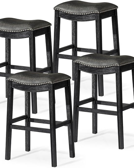 Maven Lane Adrien Backless Bar Stool – Set of 4 – 31 Inch Saddle Seat with Footrest – Black Solid Wood Frame & Grey Faux Leather Upholstery – Ideal for Bars, Pub Tables & Tall Kitchen Counters