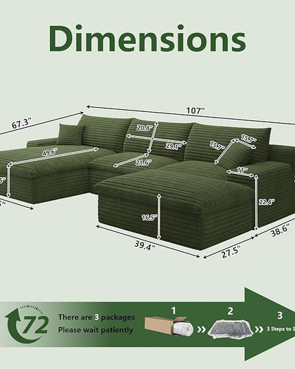 107" Cloud Couch Modular Sectional Sofa for Living Room, U-Shape Boneless Couch with Deep Seat, Modern Corduroy 3-Seater with Ottoman, No Assembly Required (Green,Left-Facing Chaise)