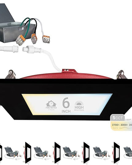 NUWATT 2 Hour Fire Rated Recessed Lighting 6 Inch, Square LED Lights, 5 CCT 2700K/3000K/3500K/4000K/5000K, 15W, Dimmable 1200LM, Black Recessed Lights, Wet & IC Rated, ETL, No Tenmat Needed, 6 Pack