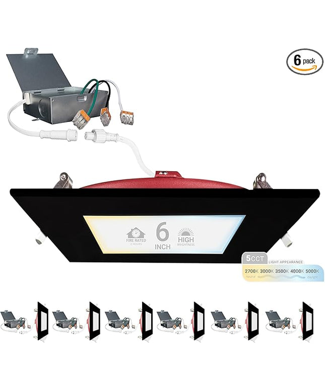NUWATT 2 Hour Fire Rated Recessed Lighting 6 Inch, Square LED Lights, 5 CCT 2700K/3000K/3500K/4000K/5000K, 15W, Dimmable 1200LM, Black Recessed Lights, Wet & IC Rated, ETL, No Tenmat Needed, 6 Pack