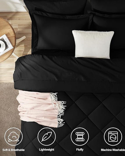 CozyLux King Size Comforter Set Black - 7 Pieces Bed in a Bag King, Luxury Soft Bed Set for All Seasons, Bedding Set with Down Alternative Comforter, Sheets, Pillowcases & Shams