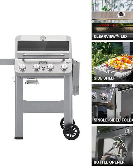 Monument Grills 4-Burner Liquid Propane Gas Grill, Silver Stainless Steel Grill Patio Garden Barbecue Grill with Clearview® Lid and One Foldable Shelf, Mesa400MF with BBQ Cover