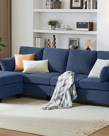 CHIC HOUSE Corduroy Modular Sectional Couch with Ottoman Chaise, L/U Shaped Sleeper Sofa for Living Room, Apartment, Lounge, Modern Armrest Neck Support Furniture (5 Seater Sectional, Navy Blue)