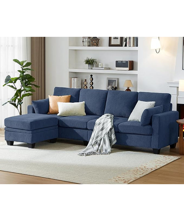 CHIC HOUSE Corduroy Modular Sectional Couch with Ottoman Chaise, L/U Shaped Sleeper Sofa for Living Room, Apartment, Lounge, Modern Armrest Neck Support Furniture (5 Seater Sectional, Navy Blue)