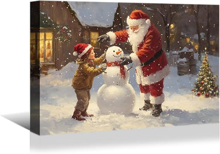 YONICA Christmas Wall Decor Santa Canvas Wall Art Home Decorations 46x36 Inches - Santa Pictures Santa Claus and Children Building a Snowman Christmas Pine Tree Prints Winter Painting Xmas Artworks