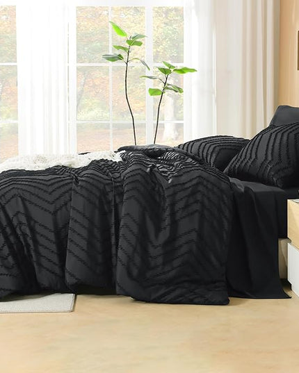 Litanika Oversized King Size Comforter Set with Sheets Black - 7 Pieces Bed in a Bag Oversized King Boho Tufted Complete Bedding Sets with Comforter, Sheets, Pillowcases & Shams