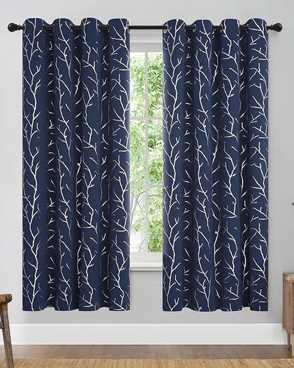 BUHUA Navy Blue Blackout Curtains, Grommet Thermal Insulated Shinny Tree Branches Print Curtain for Bedroom, 52W x 63L, Set of 2 Panels