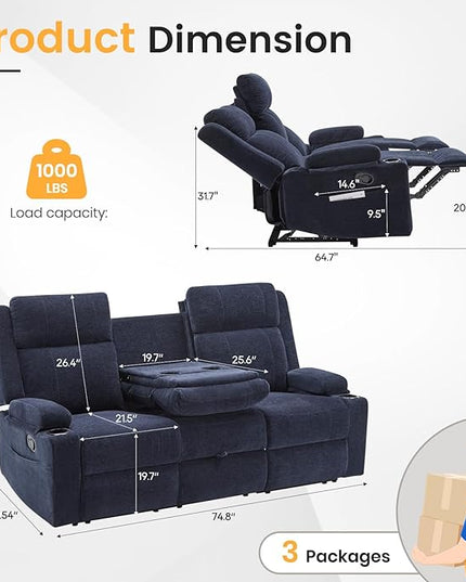 Manual Reclining Sofa,RV Loveseat Reclining Couch with Drop Down Table/ 4 Cup Holder/Hidden Storage, Wall Hugger Recliner Sofa for Living Room & Home Theater & RV(Blue)
