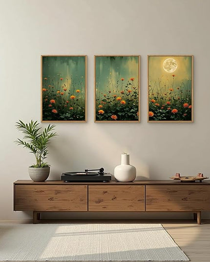 HOURIA Mystical Midnight Wildflower Framed Canvas Wall Art Set,Moonlit Orange Floral Wall Decor,Nature Inspired Landscape Artwork,Watercolor Art Prints for Living Room,Bedroom,Farmhouse-24 x36 x3