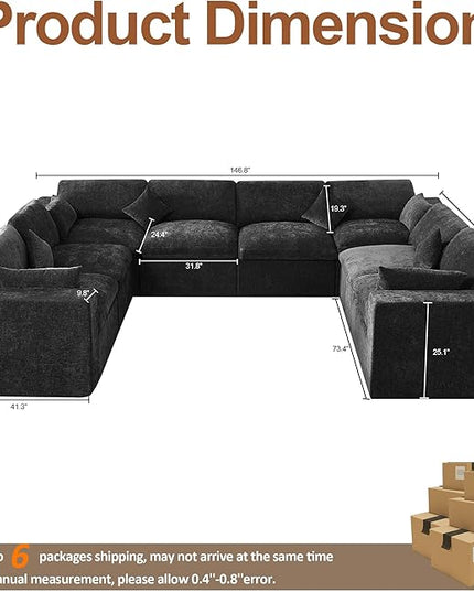 155''Cloud Boneless Sectional Couch, Modular Sectional Sofa Deep Seat, Oversized Upholstered Convertible Comfy 8 Seater Chenille Memory Foam Sofa U Shape Couches for Living Room, Dark