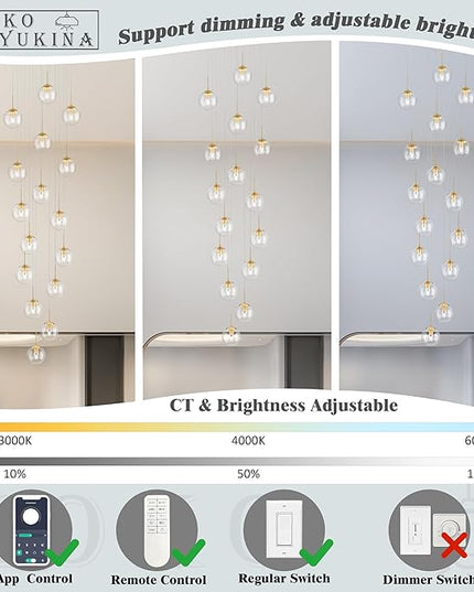 KoKo&Yukina 16-Light Gold Mid Century Modern Chandelier for Living Room Staircase Chandelier for Entryway Clear Globe Glass Chandelier High Ceiling Chandeliers Foyer Entryway (Bulb & Remote Incl.)