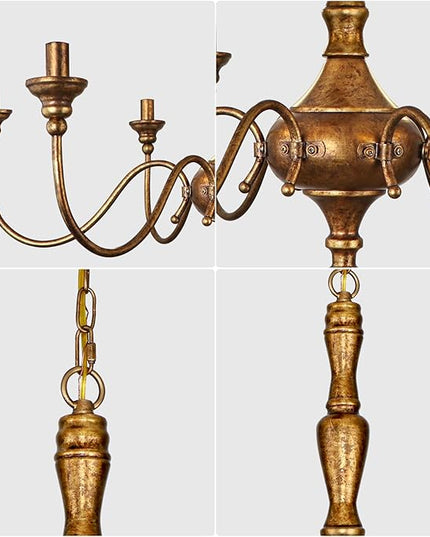6-Light Antique Gold Chandelier for Dining Room, Farmhouse Rustic Chandelier, Adjustable Vintage Hanging Light Fixture for Bedroom, Kitchen, Living Room, Entryway, Foyer