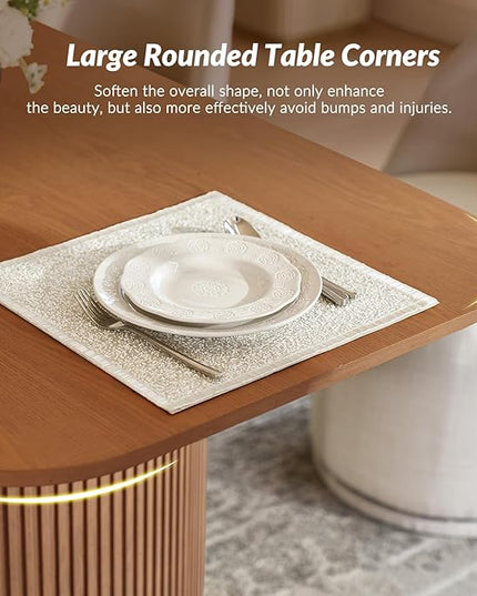 Modern Extendable Dining Table, Light Oak Wood, Mid-Century Design with Hidden Extension Board, Fluted Double Column Base, Rounded Corners, for Kitchen, Living Room