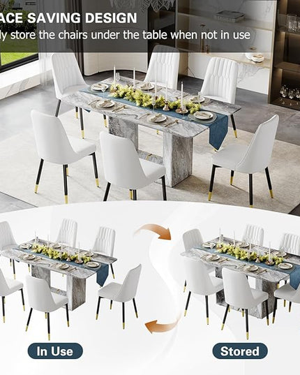 Dinner Table Set for 6, 7 Piece Dining Table Set with Chairs, 63" Faux Marble Modern Table with 6 PU Leather Upholstered Chairs, for Kitchen & Dining Room