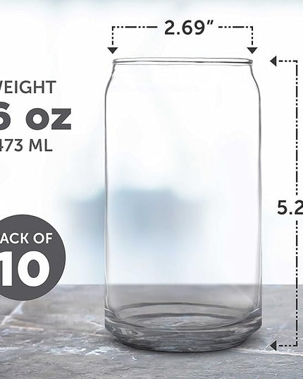 DISCOUNT PROMOS Beer Can Glasses Set of 10, 16 oz. Pint Sized, Soda Can Shape, Glassware, Clear