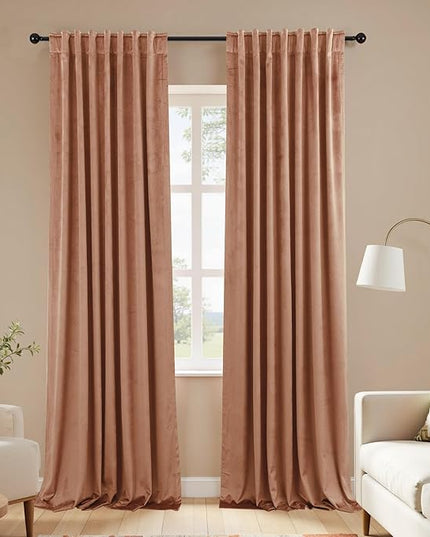 Cinnamon Velvet Thermal Blackout Curtains for Winter Insulated, Boho Chic Modern Farmhouse Vintage Luxury Pleated Black Out Curtain for Bedroom Living Room, 84 Inch Long 2 Panel Set, Terracotta Brown