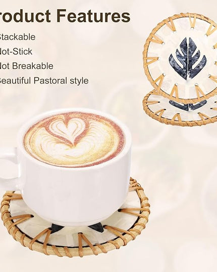 uxcell 2Pcs Handmade Woven Rattan Coasters, Heat-Resistant Drink Coasters for Coffee Table Dining Room Kitchen Coffee Wine Decor, Deep Blue Leaf
