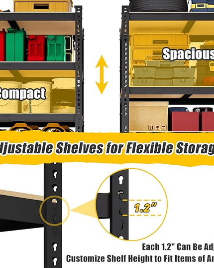 48" W x 24" D x 72" H Garage Shelving Heavy Duty: 5 Tier Metal Storage Shelves - Adjustable Shelving Unit, Utility Rack Shelf for Pantry, Warehouse, Office, Kitchen, Black, 2PCS