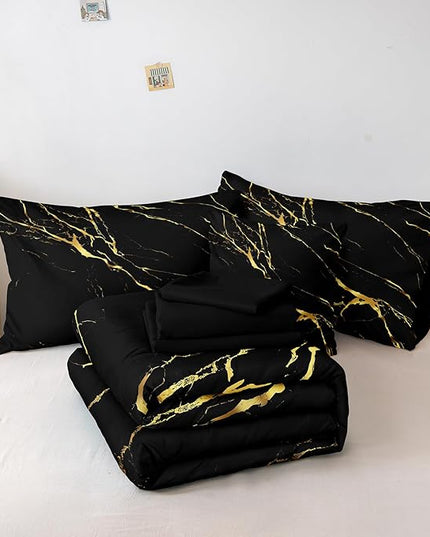 Merryword 8 Pcs Bed in a Bag Comforter Set - Queen Size Black Gold Marble Bedding Set