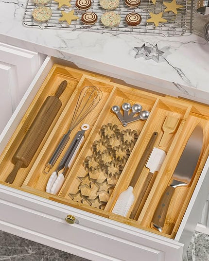 Bamboo Utensil Organizer Cutlery Organizer - Expandable 5 Slots Multipurpose Kitchen Drawer Organizer for Large Cooking Utensils, Baking Tools, Knife Set W13.7"-19.9" x L17.6" X H2.5"(Yellow)