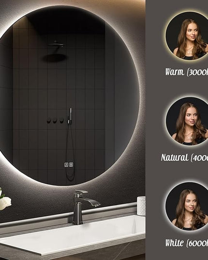 APRILSOUL 40 Inch Round LED Backlit Bathroom Mirror, Vanity Mirror with Anti-Fog, Touch Button, 3 Colors and Dimmable Light