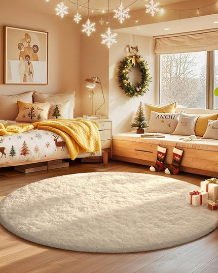 Ophanie Round Rug 4Ft Ivory Circle Area Rugs, Fluffy Fuzzy Small Bedroom Carpet 4 foot, Plush Shag Floor Cream Living Room Christmas Circular Aesthetic Decor for Kids Teen Boys Baby, Nursery,Classroom