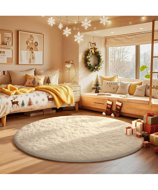 Ophanie Round Rug 4Ft Ivory Circle Area Rugs, Fluffy Fuzzy Small Bedroom Carpet 4 foot, Plush Shag Floor Cream Living Room Christmas Circular Aesthetic Decor for Kids Teen Boys Baby, Nursery,Classroom