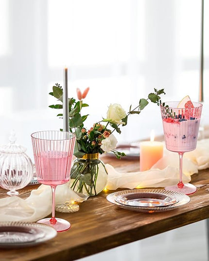 12 PCS Pink Plastic Wine Glasses with Removable Stems 13.5 Oz Pink Ribbed Wine Glasses Square White Wine Glass Muted Pastel Colors Goblets Elegant Fluted Glassware for Wedding Anniversary Birthday
