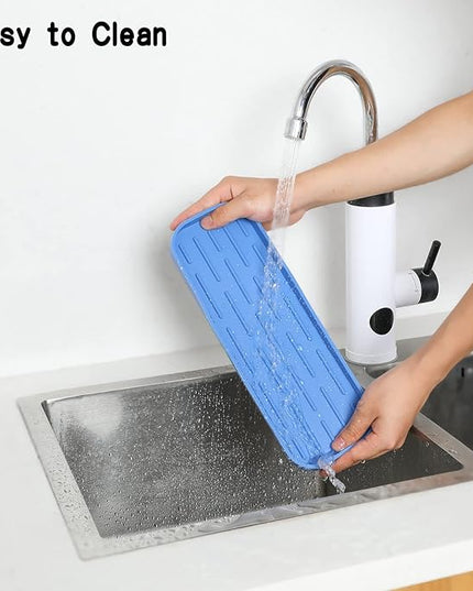 Silicone Kitchen Sink Organizer Tray for Multiple Usage,Eco-Friendly Sponges Holder for Kitchen Bathroom Counter or Sink,Dish Soap Dispenser,Scrubber,Bottle,Cup (Lichen Blue, 12"×4")