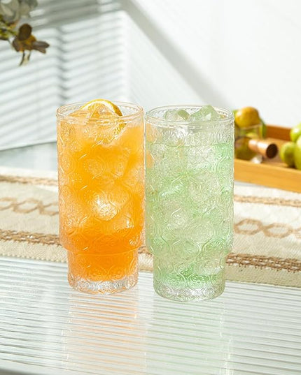 Drinking Glasses Set of 4, 16oz Textured Flower Design Cocktail Glasses, Stackable Old Fashioned Glass Cups, Vintage Glassware for a baby Shower Wedding for Kitchen and Bar - Dishwasher Clear