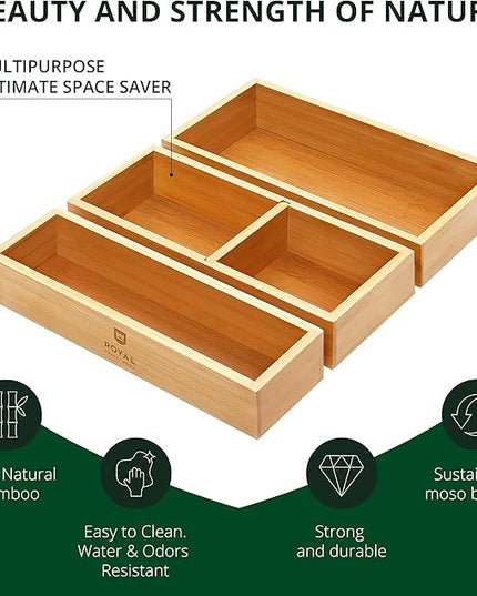 ROYAL CRAFT WOOD Luxury Bamboo Drawer Organizer Storage Box, Bin Set - Multi-Use Drawer Organizer for Kitchen, Bathroom, Office Desk, Makeup, Jewelry (3 Boxes)