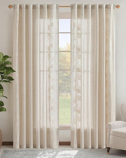 jinchan Linen Paisley Curtains 84 Inch Long for Bedroom Living Room, Embroidered French Country Farmhouse Drapes Back Tab, Light Filtering Cottagecore Boho Window Curtains, Ivory on Ecru, 2 Panels
