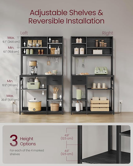 VASAGLE Bakers Rack with Charging Station, Coffee Bar, 15.7 x 39.4 x 71 Inches, Kitchen Microwave Stand, Adjustable Storage Shelves, Fabric Drawer, 12 Hooks, Charcoal Gray and Ink Black UKKS027B01