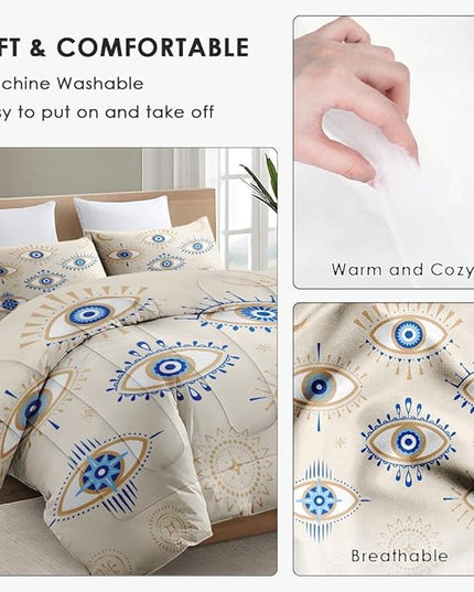 Twin Size Comforter Set with Pillowcase, Bohemian Eye 2 Pcs Bedding for Kids and Adults, Blue Boho Soft Comforter Set for Bedroom Bed Decor