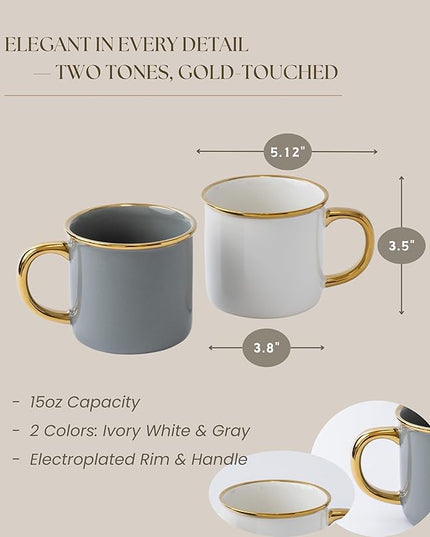 Stoneware Electroplated Mug Set of 4-15oz Ceramic Coffee & Tea Cups with Gold Handle - Perfect for Hot & Iced Drinks - Dishwasher Safe - Modern Chic Design - Ivory White & Gray - Ideal Gift