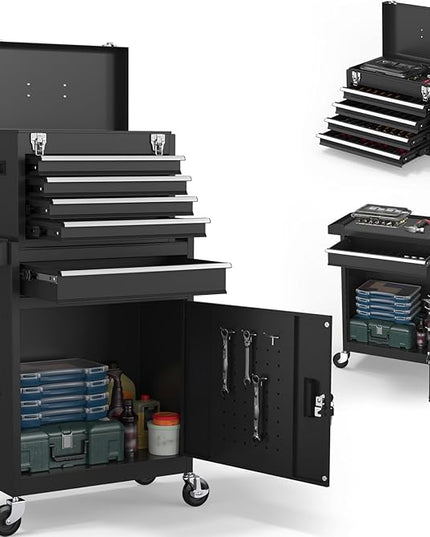 5-Drawers Tool Chest, 2-in-1 Rolling Tool Box with Wheels and Drawers, Detachable Storage Toolbox with Lock, Heavy-Duty Metal Tool Cart for Garage, Workshop (Black)