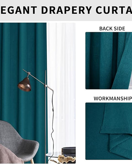 Easy-Going Linen Look Blackout Curtain 108 Inch Length Grommet Window Curtain for Bedroom, Living Room Thermal Insulated Room Darkening (Set of 2 Panels, Peacock Blue)
