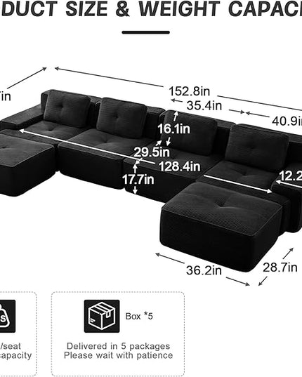 Hommoo Oversized Modular Sectional Sofa, 8 Seat Sleeper Sofa Bed, Comfy Corduroy Couch with Deep Seat, 153”Convertible Boneless Couch with Ottoman for Living Room No Assembly Required Black