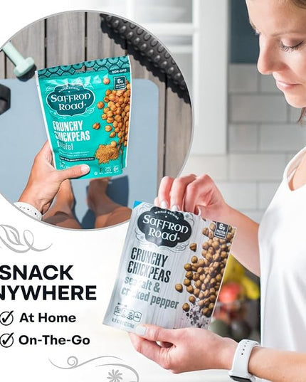 Saffron Road Crunchy Chickpeas Variety Pack with Bombay Spice, Korean BBQ, Falafel, Sea Salt & Cracked Pepper | High-Protein, Vegetarian, Non-GMO, Halal & Kosher Certified Snack | Pack of 6