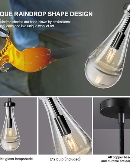Modern Raindrop Pendant Lights, Pendant Lights for Kitchen Island, Black Brass Base Dining Room Light Fixtures, Interior Chandelier in The Living Room Hallway, Including Bulb