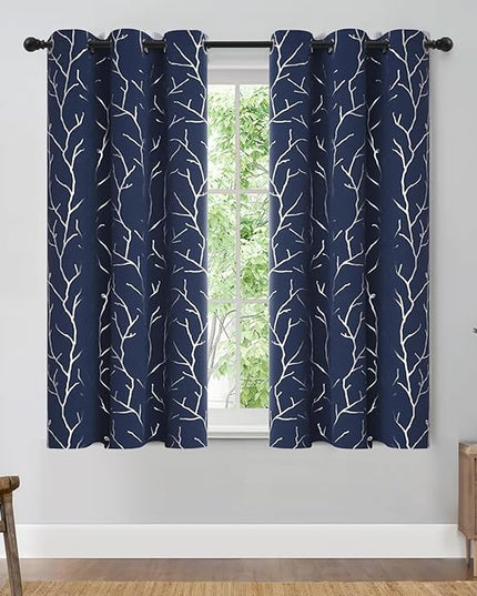 BUHUA Thermal Insulated Curtains Blackout Grommet Thermal Insulated Shinny Tree Branches Print Curtain for Bedroom, Navy Blue, 38W x 54L, Set of 2 Panels