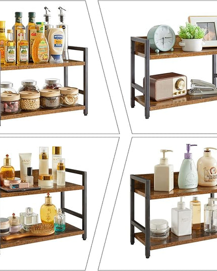 IBUYKE 2-Tier Spice Rack Industrial Counter Shelf Desktop Storage Organizer Standing Seasoning Rack for Countertop Kitchen Office Living Room Desktop Rustic Brown UTLJ002H