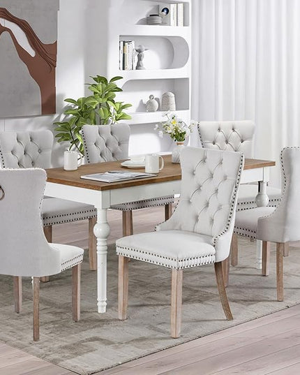 SoarFlash Linen Fabric Dining Chair Set of 6, Upholstered Tufted Dining Room Chair with Nailhead Trim,Solid Light Color Wood Leg for Kitchen (Beige)