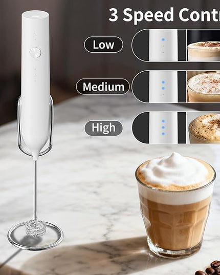 Kitchen Milk Frother Handheld with Stand, 3 Speeds Adjustable Mixer Electric Handheld Frother Wand, Hand Mixer Matcha Whisk Coffee Stirrers for Matcha, Hot Chocolate, Egg, Lattes - White