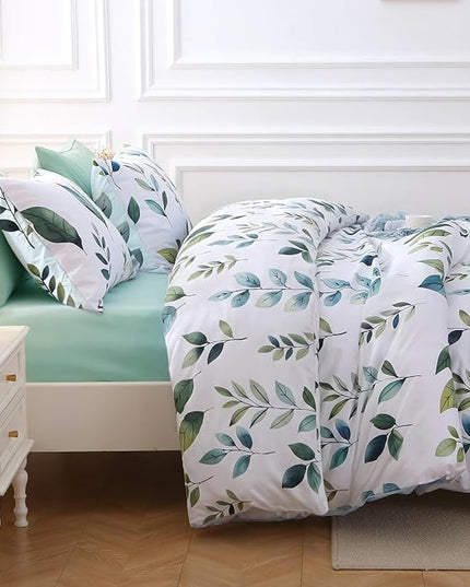 MUXHOMO Grey Green Foliage Full Comforter Set, Elegant Floral Print Bed in a Bag 7 Pieces, Soft & Breathable Reversible Botanical Pattern Bedding Set with Comforter, Sheets, Pillowcases, and Shams