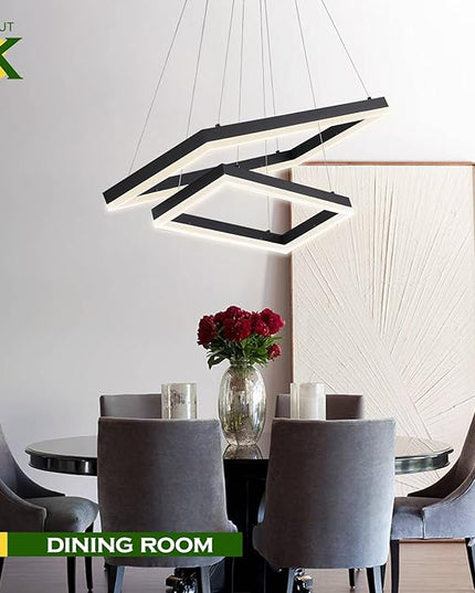 2 Rings Modern LED Chandelier Black 23.6inch Rectangle Dimmable LED Pendant Light with Remote Control 2 Tier Flush Mount High Ceiling Light for Dining Living Room Foyer(3000K-6500K, H59)