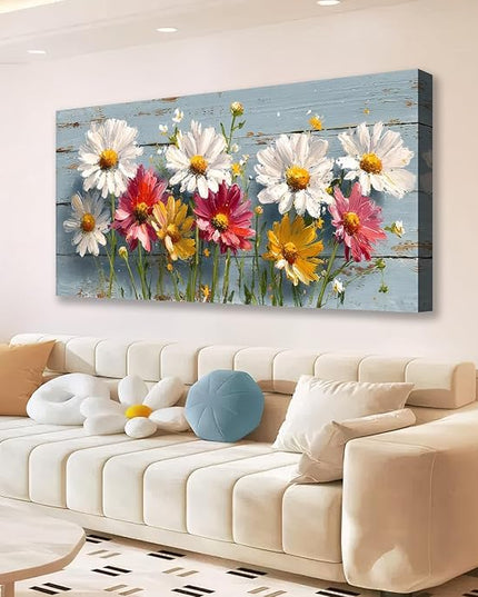 KZKU Rustic Daisy Floral Canvas Wall Art-White Pink Yellow Flowers on Blue Wood Background- Large Modern Farmhouse Decor for Living Room Bedroom24X48in