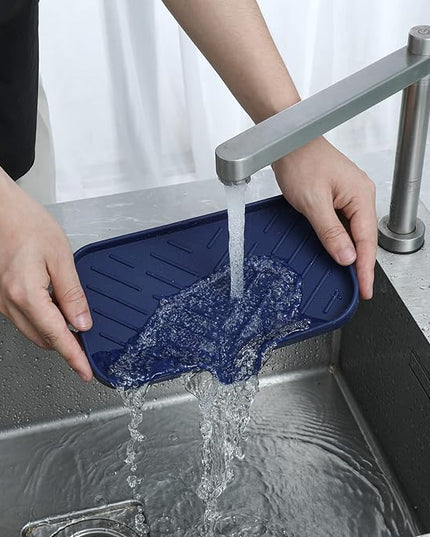 Silicone Bathroom Soap Dishes with Drain Spout-Kitchen Sink Organizer,Sponge Holder,Dish Soap Tray,Perfect for Dispenser,Scrubber,Bottle,Cup on Sink or Counter-Navy Blue 9.6"×5.3"